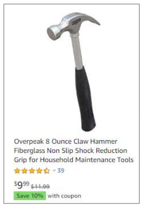 Example of a 10% Amazon coupon with the text "save 10% with coupon" under an image of a hammer.